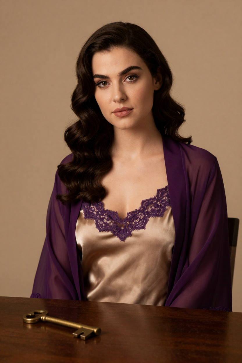 Fictional 29-year-old woman, dark chestnut hair in long polished waves over one shoulder, fair skin with